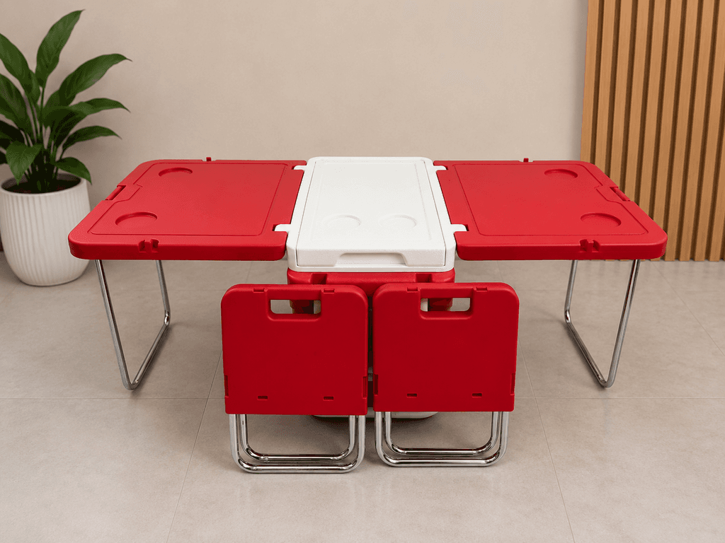 Portable Folding Picnic Table Set with Built-In Cooler and Foldable Stools - Red — photo 4