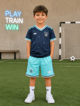طقم تیشیرت وشورت المنتخب الألماني للأطفال من Adidas - أزرق كحلي (المقاس 22)