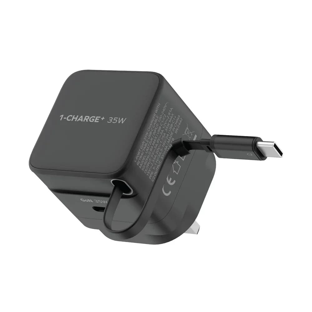 Momax CHARGE & Port GaN Charger - 35W, Retractable USB-C Cable - Black (UM72UKD)