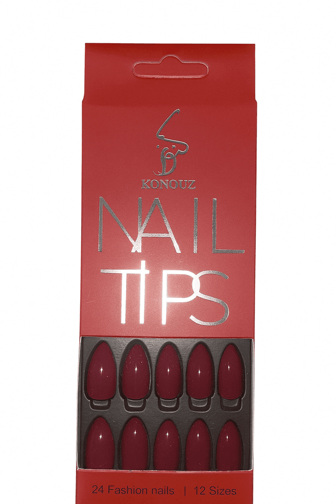 KONOUZ Press-On Nail Tips – 24pcs Deep Red Almond Shape (09)