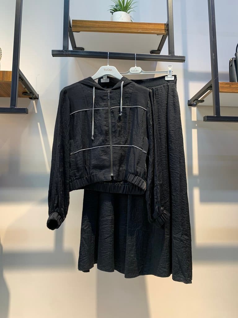 Tuğba Women's Satin Skirt and Blouse Set - Black (40)