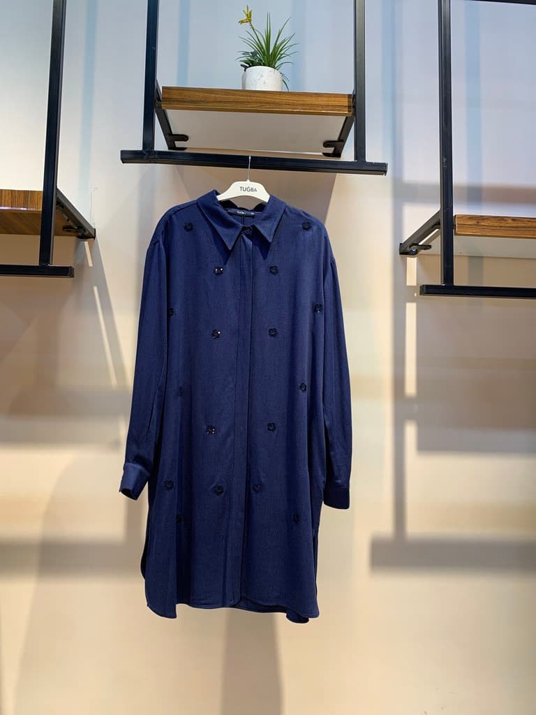 Tuğba Women's Long Cotton Shirt - Navy Blue (38)