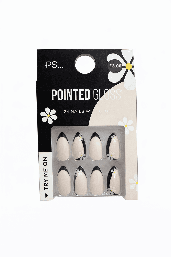 PS… Pointed Gloss False Nails – Nude & Black Daisy Design (24 Nails with Glue)