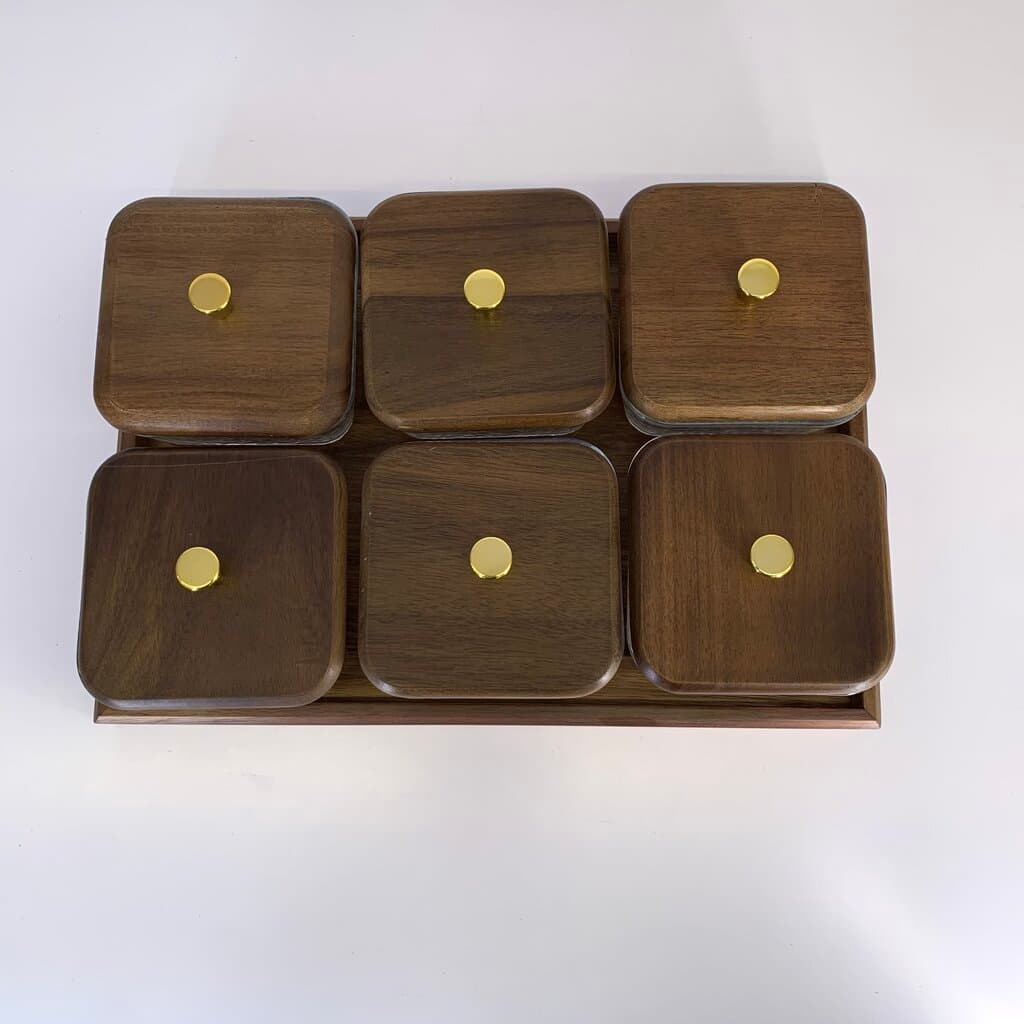 Glass Condiment Jar Set with Wooden Tray - Dark Brown (6-Piece ) 2
