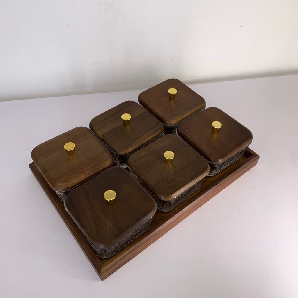 Glass Condiment Jar Set with Wooden Tray - Dark Brown (6-Piece ) 3