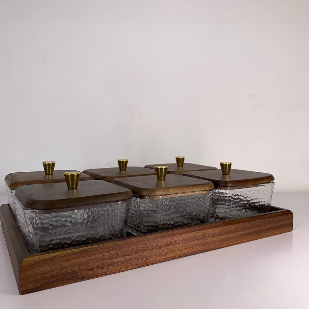 Glass Condiment Jar Set with Wooden Tray - Dark Brown (6-Piece ) 4