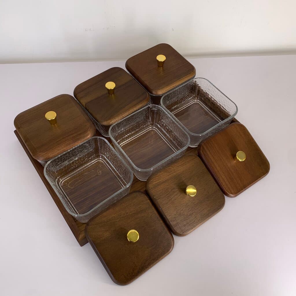 Glass Condiment Jar Set with Wooden Tray - Dark Brown (6-Piece ) 5