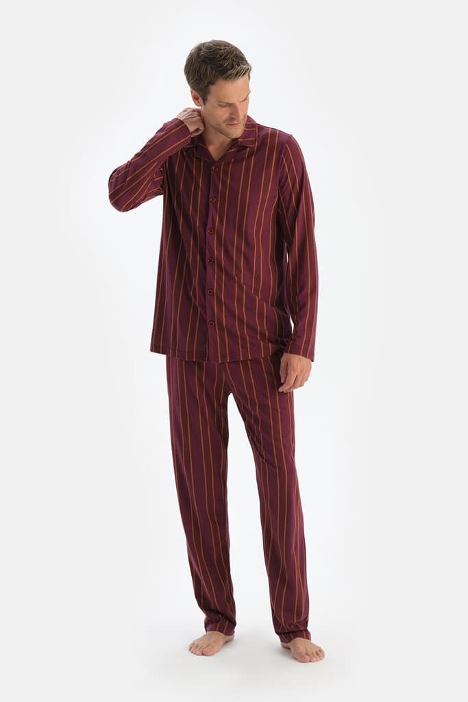Dagi Burgundy Striped Long-Sleeve Shirt and Pant Pajama Set