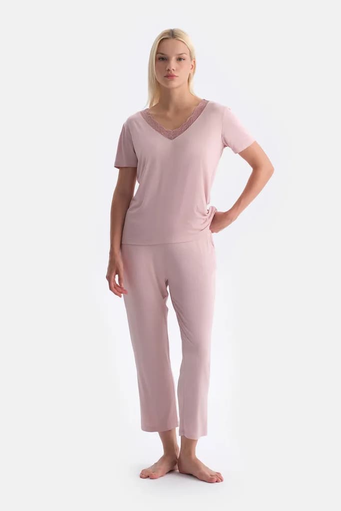 Dagi Dark Green V-Neck Lace Detail T-Shirt and Pants Set