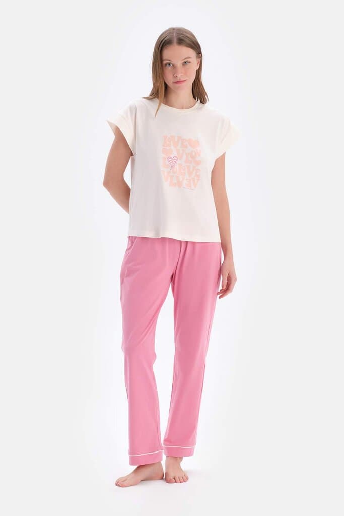 Dagi Ecru Short-Sleeve Printed Shirt and Pants Pajama Set