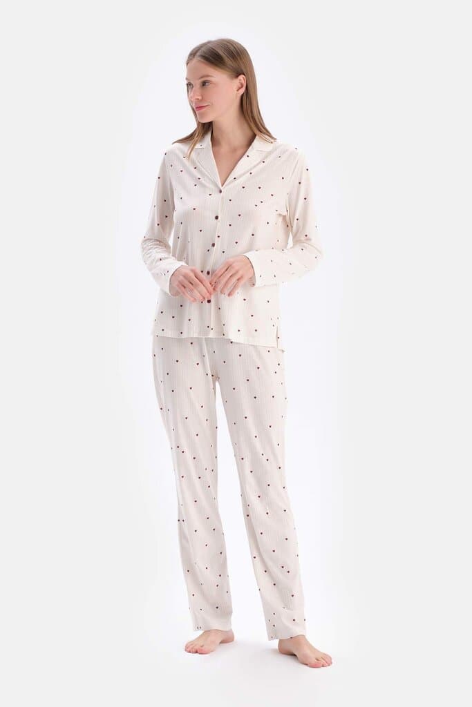 Dagi Ecru Mini Heart Print Suprem Pajama Set