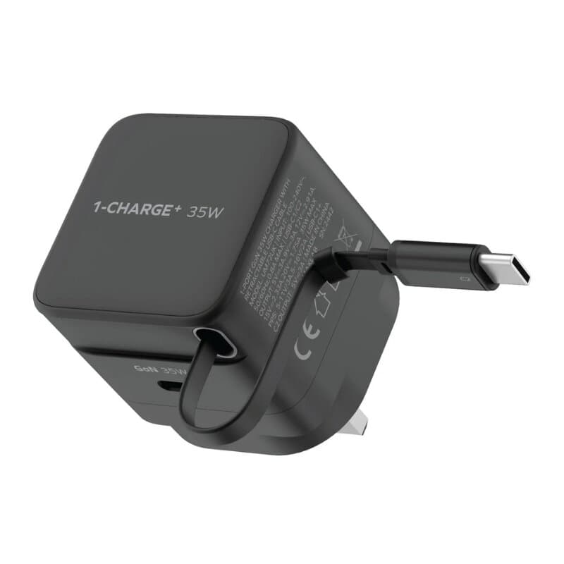 Momax CHARGE & Port GaN 35W charger with Retractable USB-C Cable(USB-C Port x 1, USB-C Cable x 1) (Black)