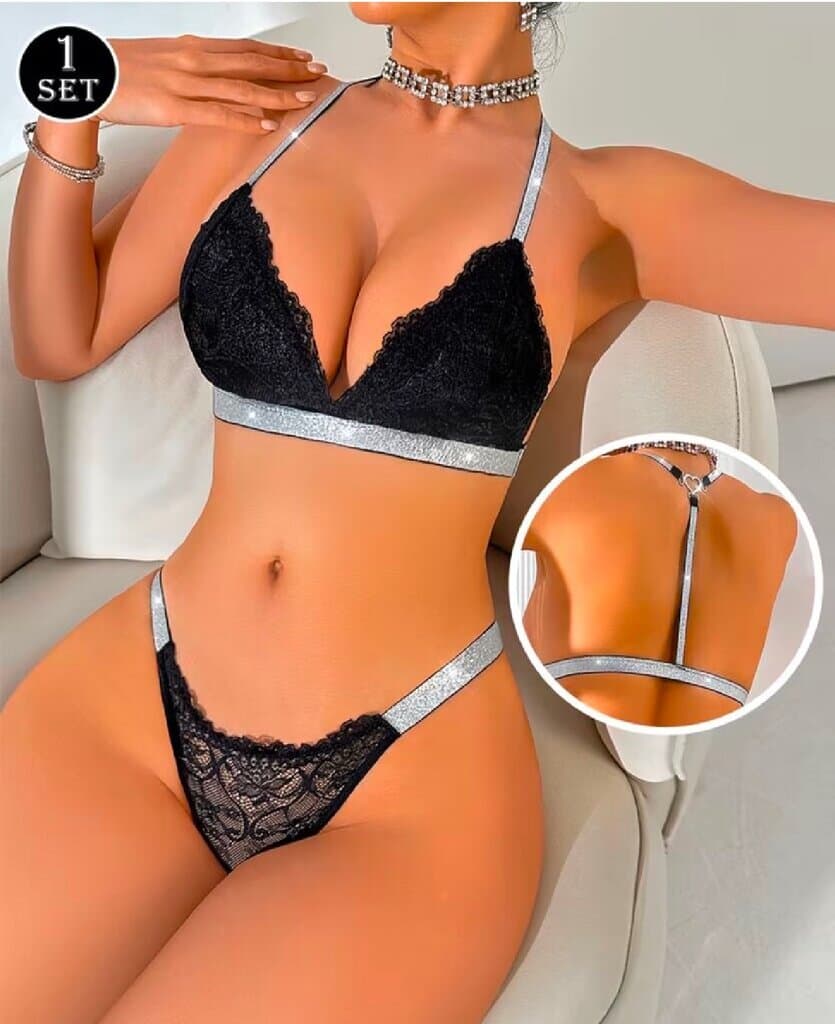 Women's Lace Embroidered Lingerie Set with Mesh Fabric, Silver Straps & French TriangleCups (XL)