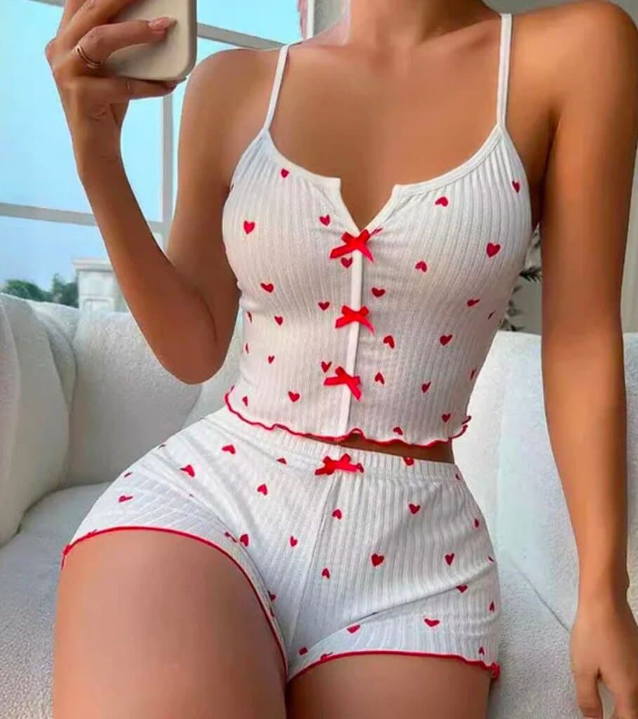 Sweetheart Red Bow Ribbed Pajama Set – White & Red Heart Lounge Set