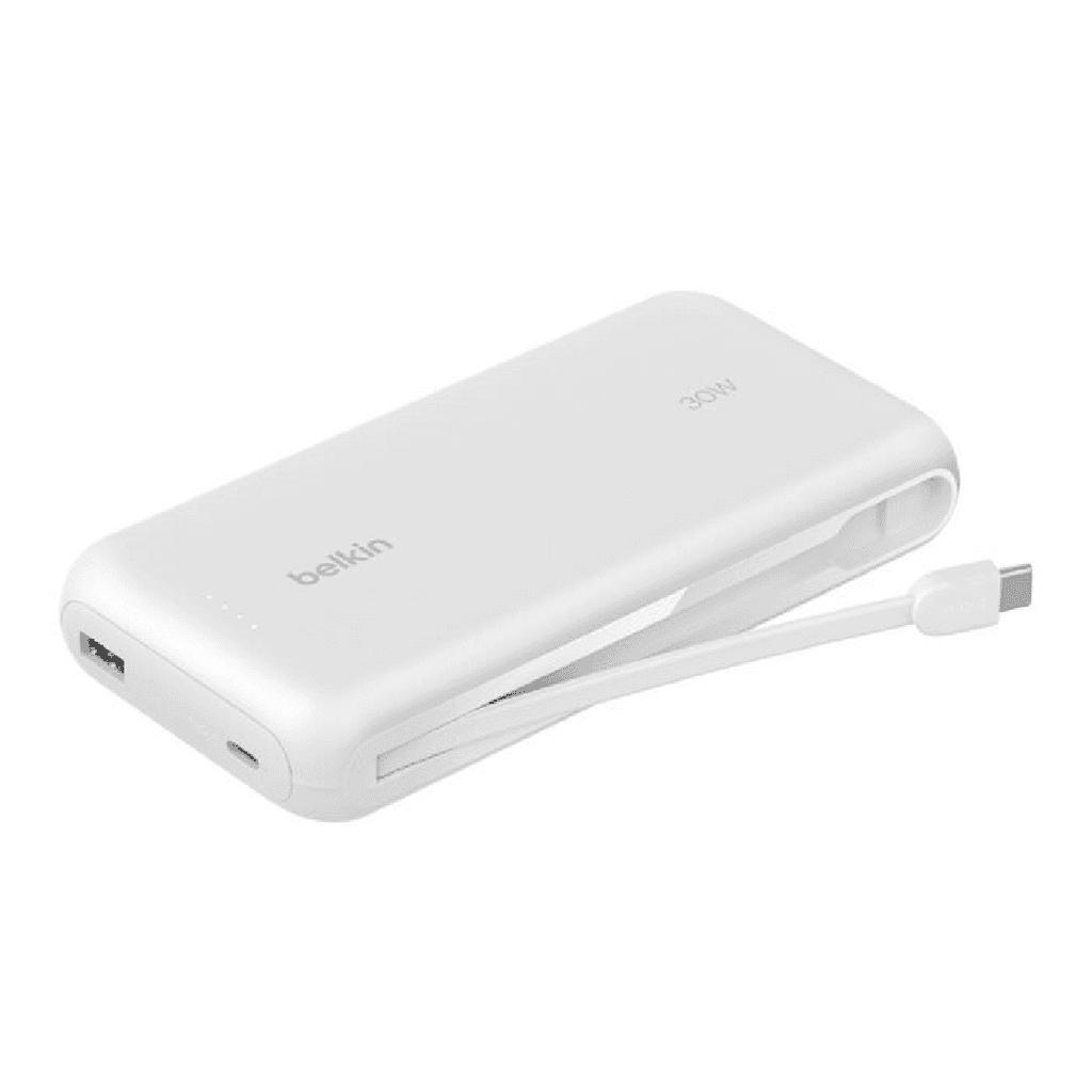 20,000mAh Power Bank With Integrated Charging Cable (White)