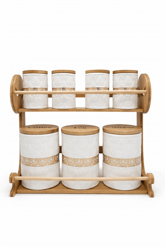 7-Piece Ceramic Kitchen Canister Set with Wooden Stand - White