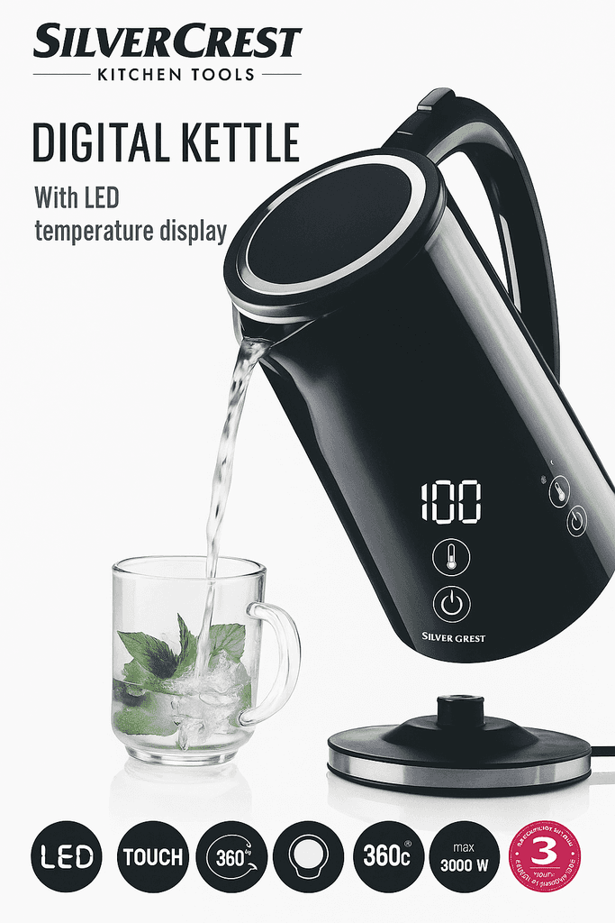 SilverCrest 1L Digital Electric Kettle 3000W - Black