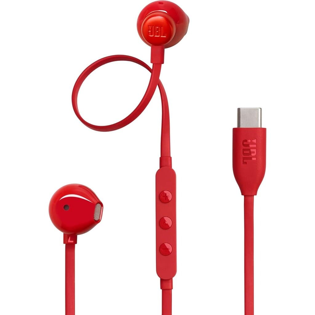 JBL Tune 305C HI-RES Wired Earbuds Pure Bass JBL Sound USB-C Connection With Microphone (Red)