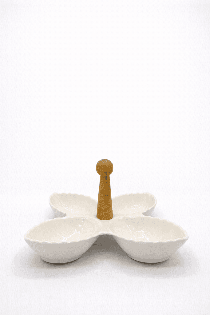 4-Section Snack Serving Bowl with Wooden Handle - White