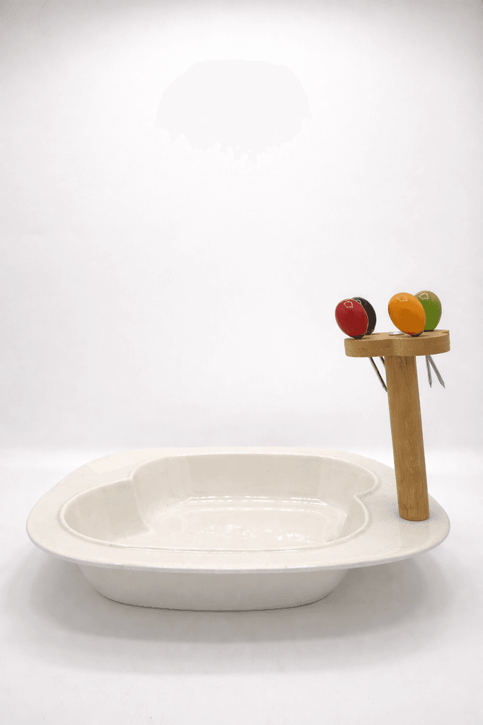 Snack Serving Tray with Wooden Stand & Metal Picks - White