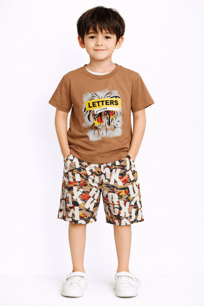 CMK Boys Printed Cotton T-Shirt & Shorts Set - Brown (2 Years)