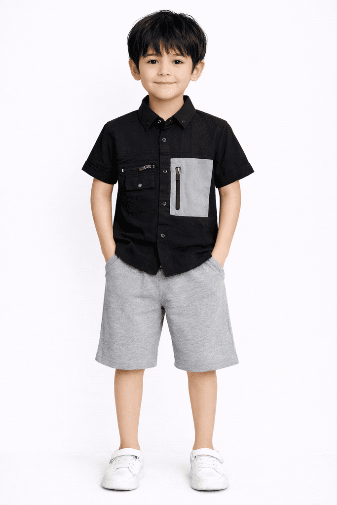 Moda Arpol Boys Cotton Short Sleeve Shirt - Black (5 Years)
