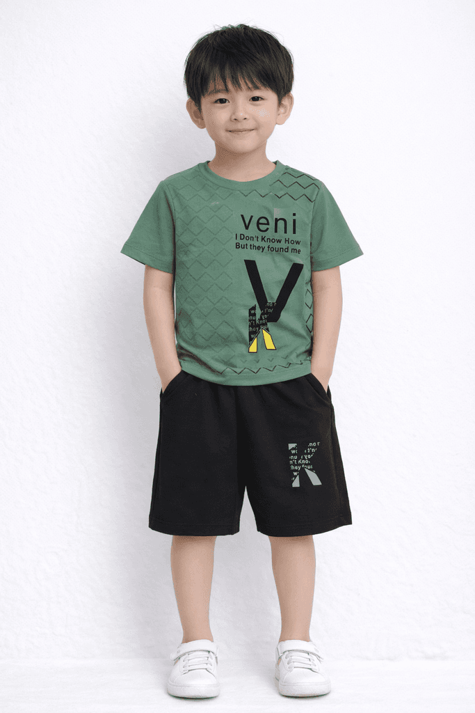 Eren Bey Boys Cotton Printed T-Shirt & Shorts Set - Green (4 Years)