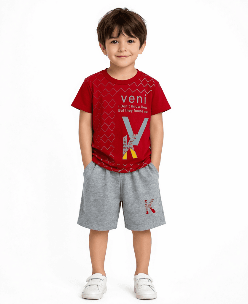 Eren Bey Boys Cotton Printed T-Shirt & Shorts Set - Red (4 Years)