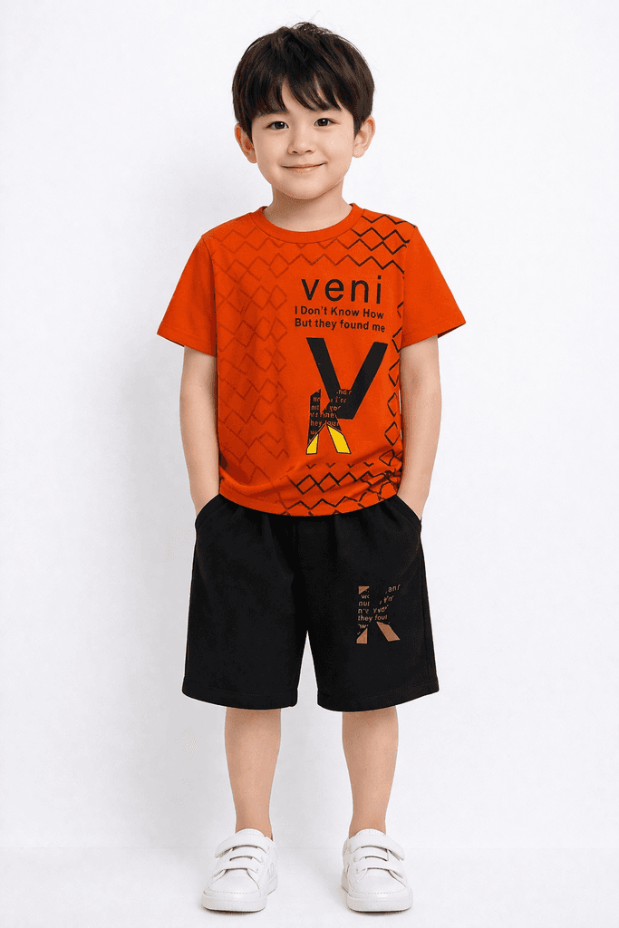 Eren Bey Boys Cotton Printed T-Shirt & Shorts Set - Orange (4 Years)