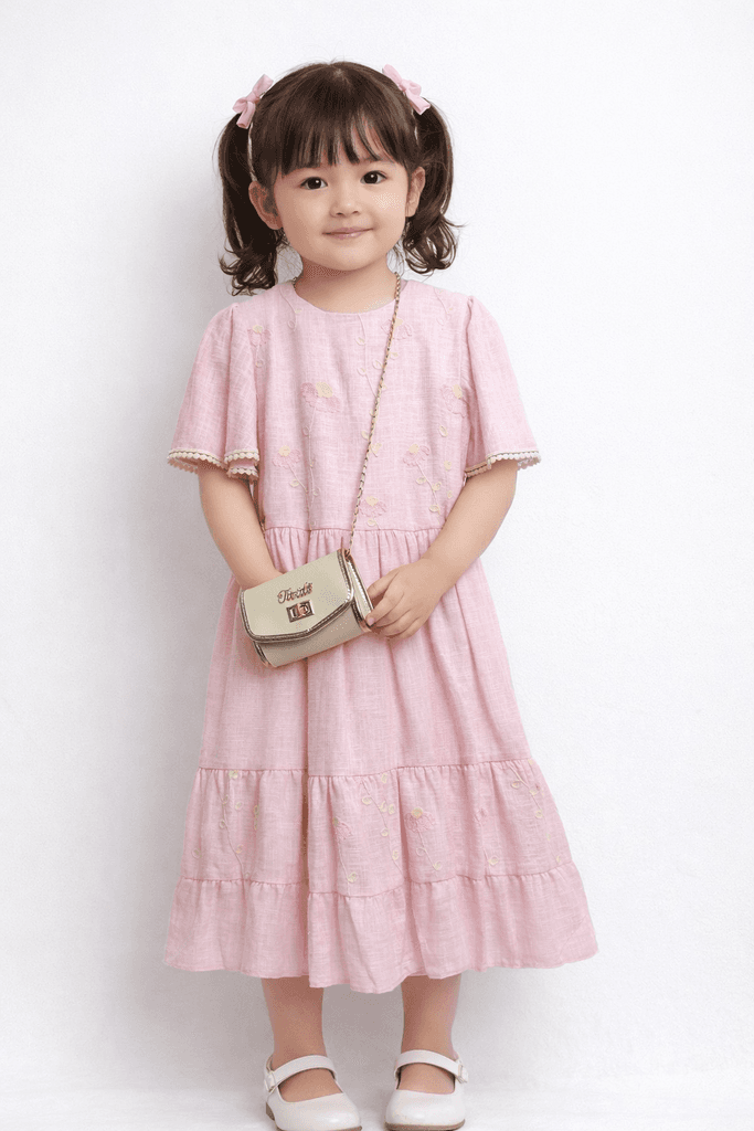 Tivido Girls Floral Cotton Dress - Light Pink (7 Years)