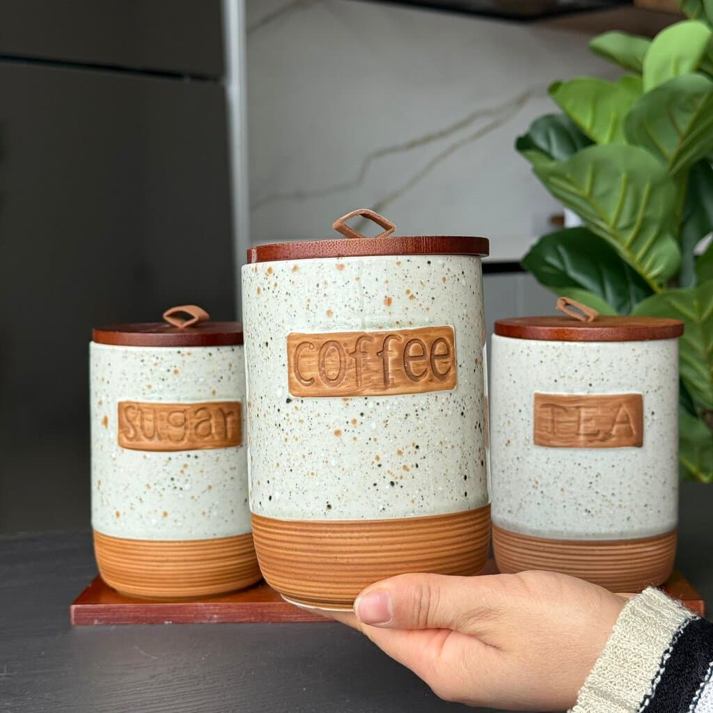 Luxury Ceramic Coffee, Sugar & Tea Storage Jar Set with Wooden Lids 8
