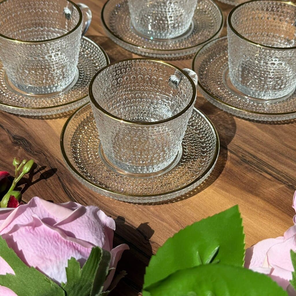 Golden Rim Textured Glass Teacup Set 2
