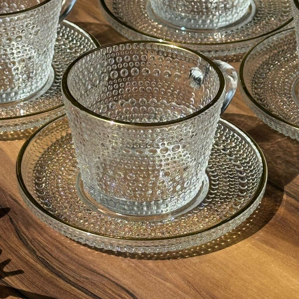 Golden Rim Textured Glass Teacup Set 4