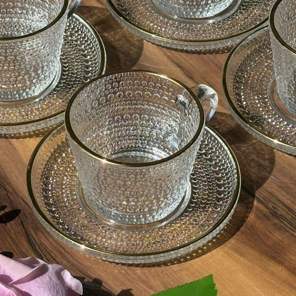 Golden Rim Textured Glass Teacup Set 5