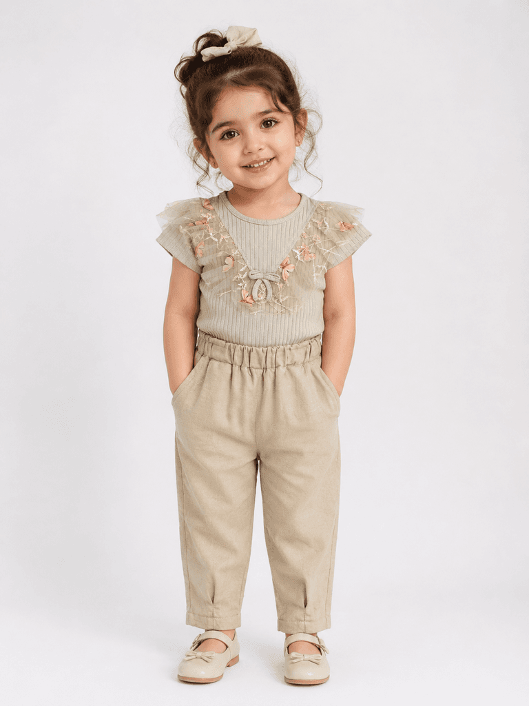 Mary Life Girls' Premium Cotton Ribbed Top and Loose-Fit Pant Set - Beige (11 years) 1