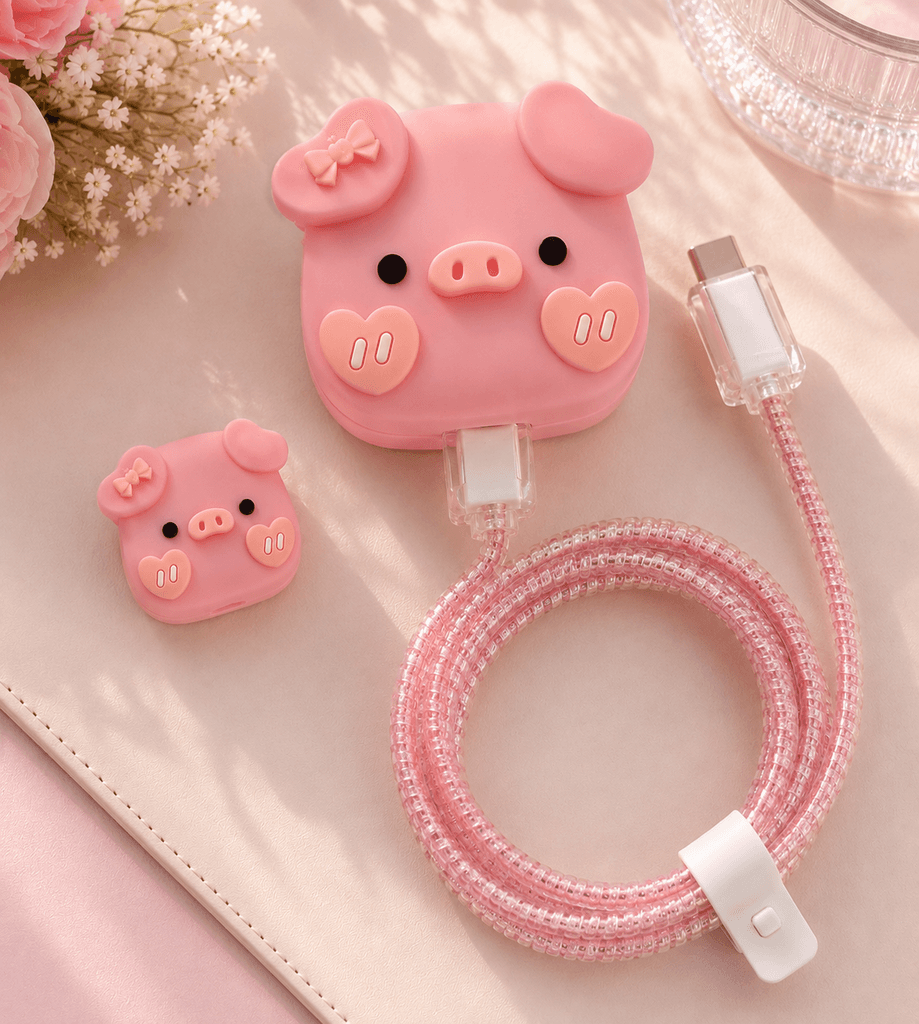 Protective Pink iPhone Charger Cable Protector and Adapter Cover Set